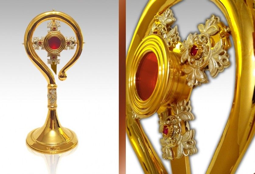 Relikwiarz mosiężny, złocony 37 cm - w formie pastorału (5S)