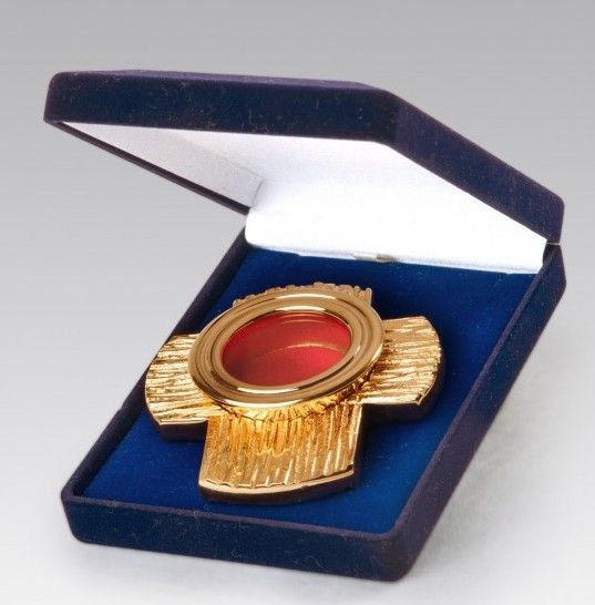 Relikwiarz złocony, mini w futerale 9,5 cm - (17S)