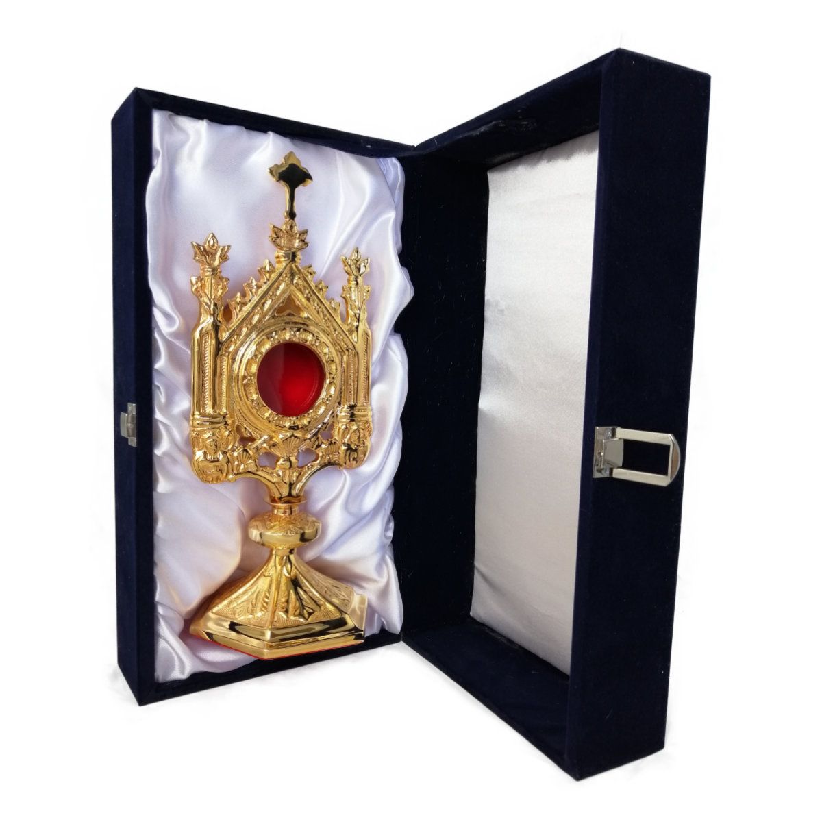 Relikwiarz neogotycki z futerałem, odlew  mosiężny, złocony -30 cm (1A) - zdjęcie 2 - Relikwiarz neogotycki z futerałem, odlew  mosiężny, złocony -30 cm (1A)