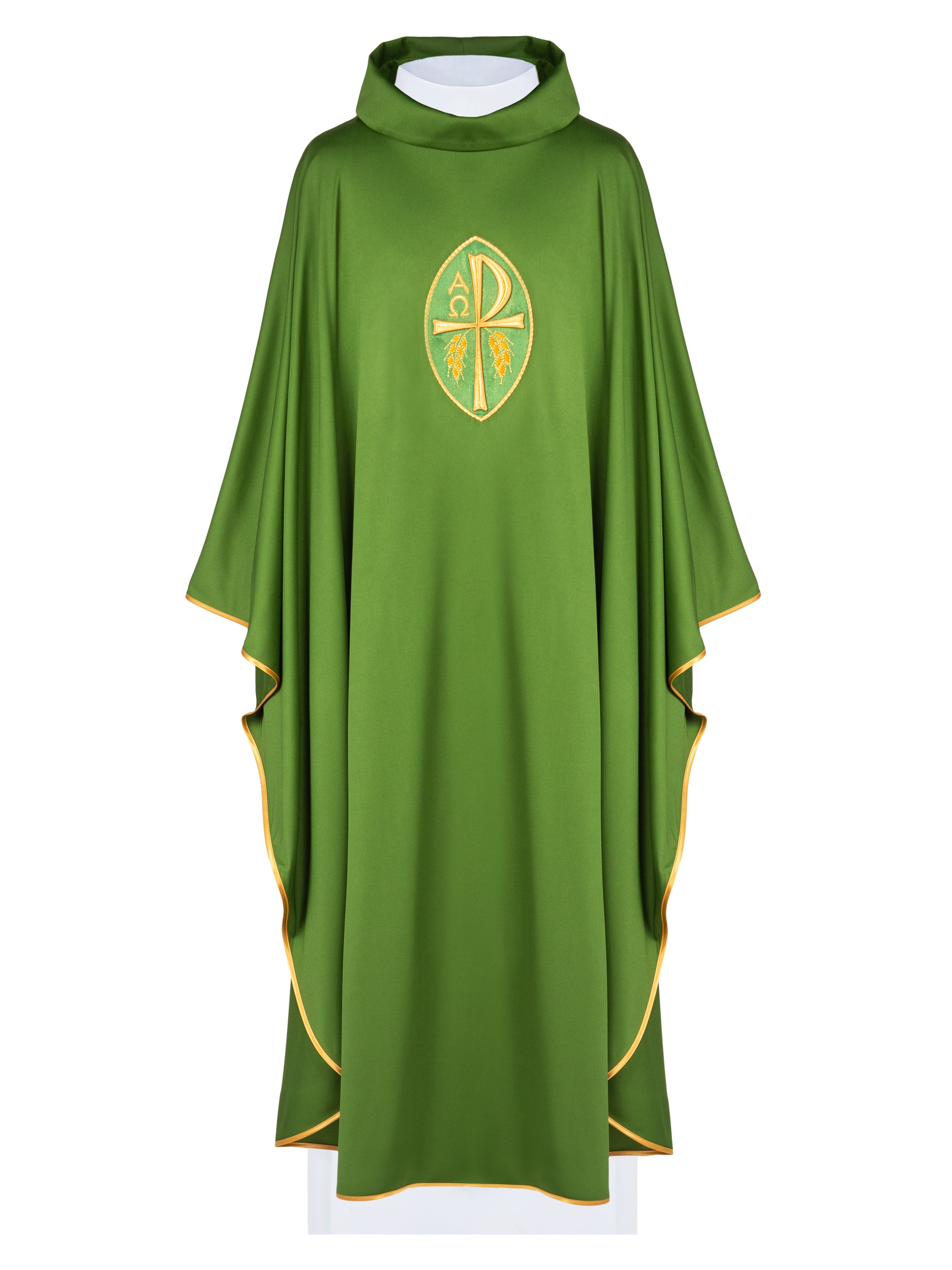 Ornat haftowany z symbolem Alfa, Omega i symbol PAX - zielony (H195) - zdjęcie 2 - Ornat haftowany z symbolem Alfa, Omega i symbol PAX - zielony (H195)