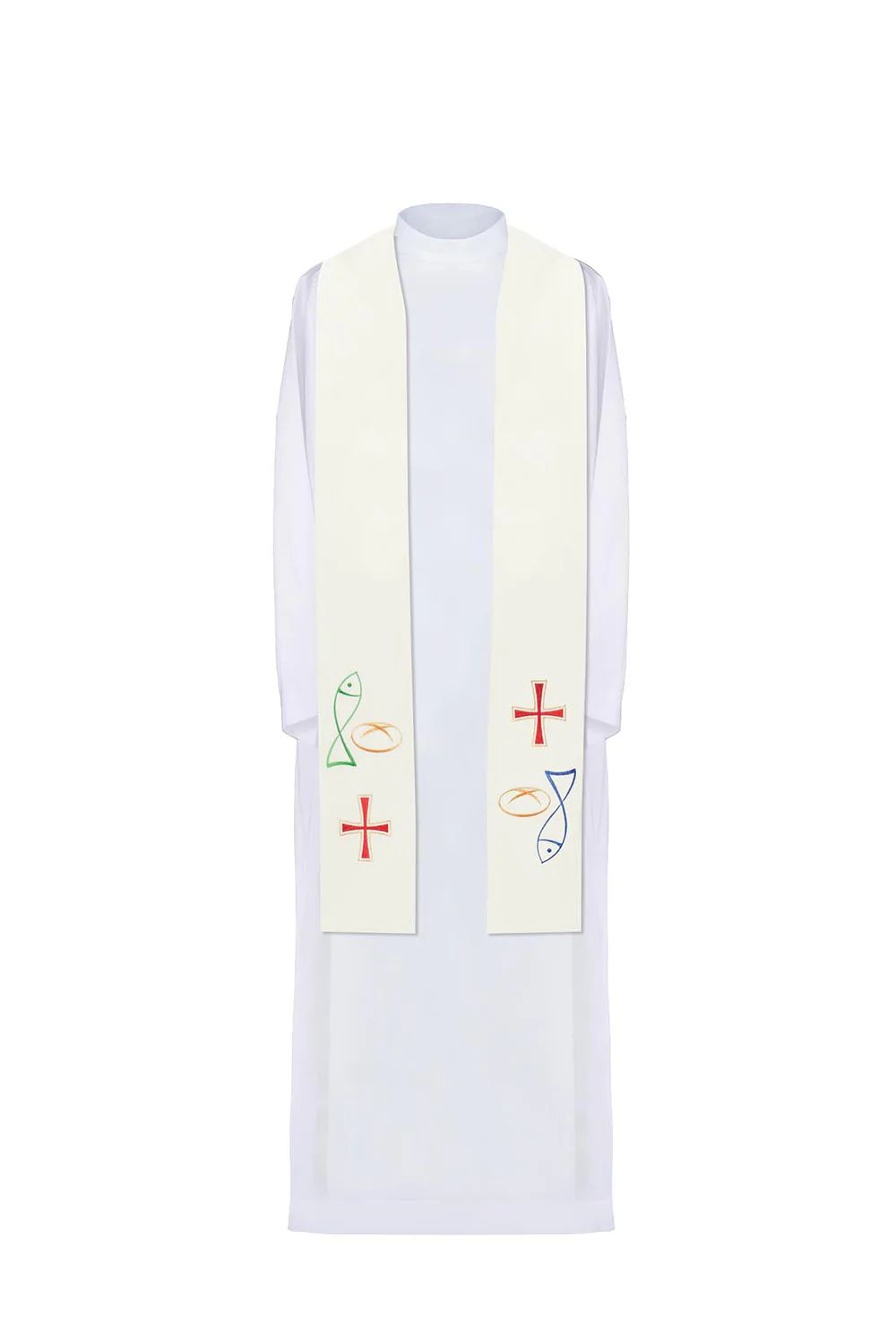 Stuła haftowana ecru, symbolika chleba, ryby, krzyża (35H)