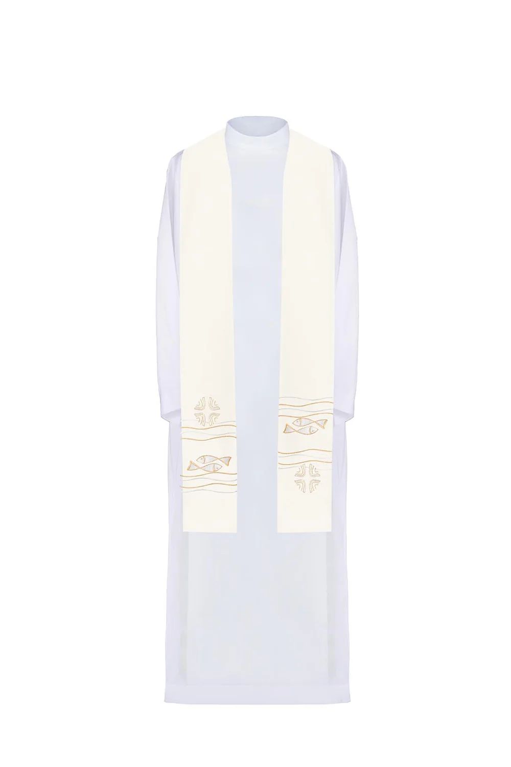 Stuła haftowana ecru, symbolika ryby, krzyża (39H)