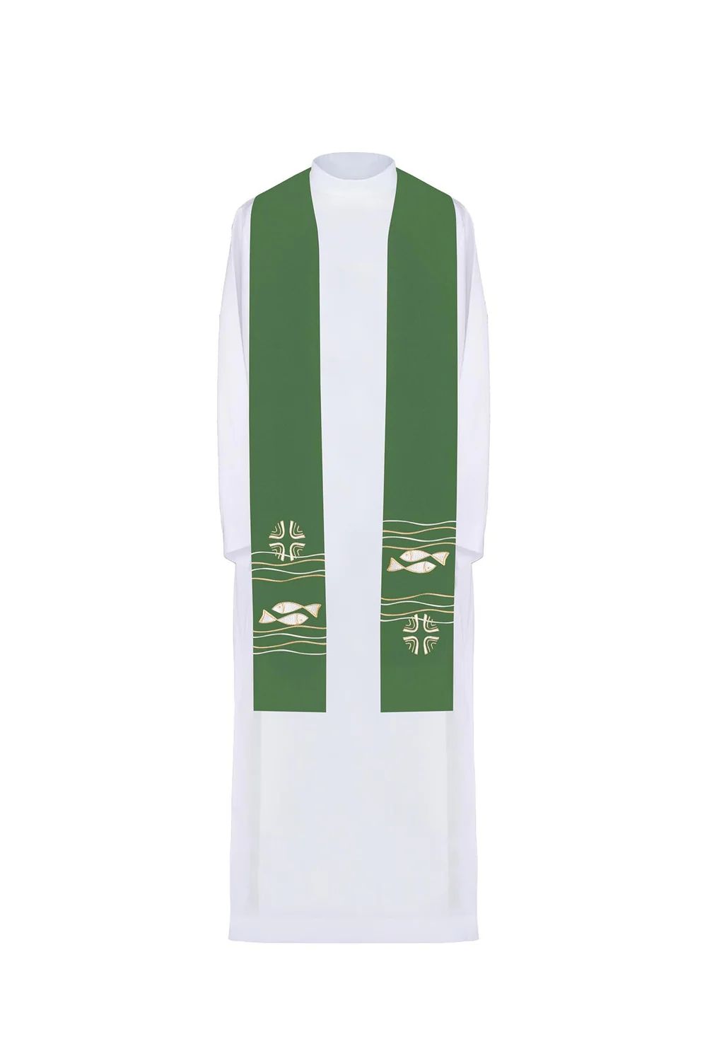 Stuła haftowana zielona, symbolika ryby, krzyża (40H)