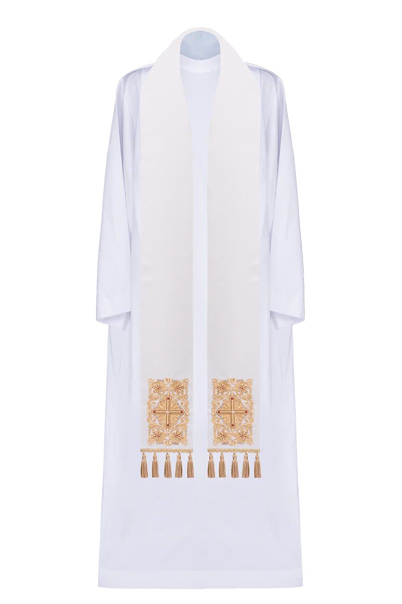 Stuła kapłańska haftowana z ozdobnymi kamieniami, biała (51H)