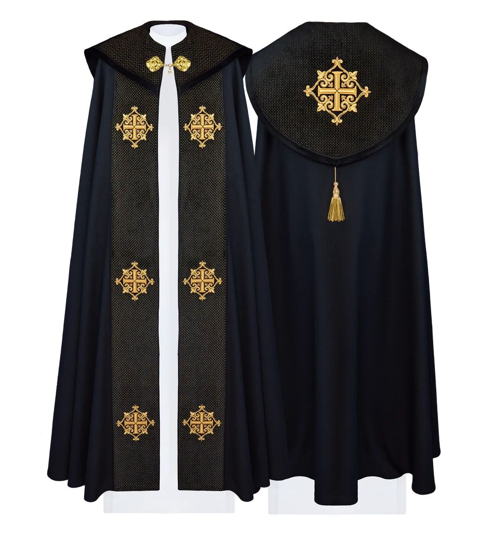Kapa liturgiczna czarna, haftowana, aksamitny czarny pas (30H) - KAPY LITURGICZNE