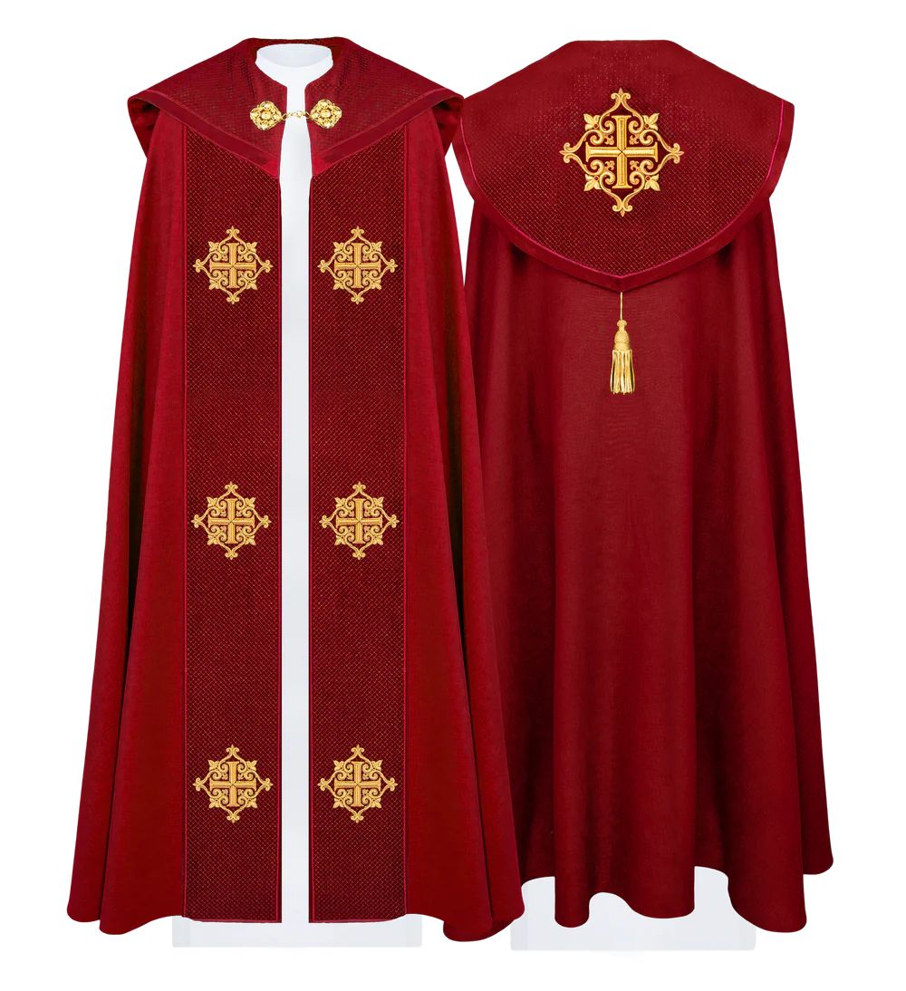 Kapa liturgiczna czerwona, haftowana, aksamitny czerwony pas (32H) - KAPY LITURGICZNE