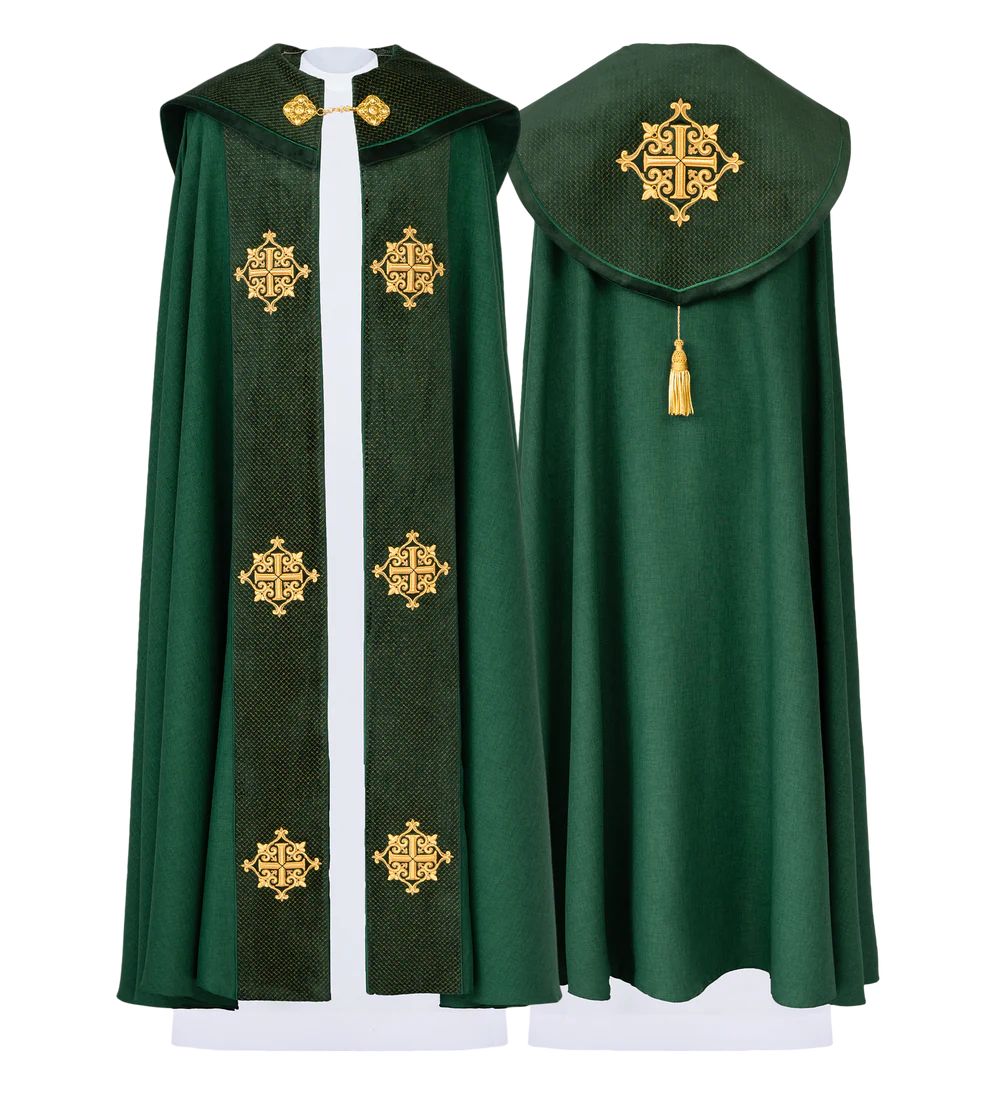 Kapa liturgiczna zielona, haftowana, aksamitny zielony pas (33H) - KAPY LITURGICZNE