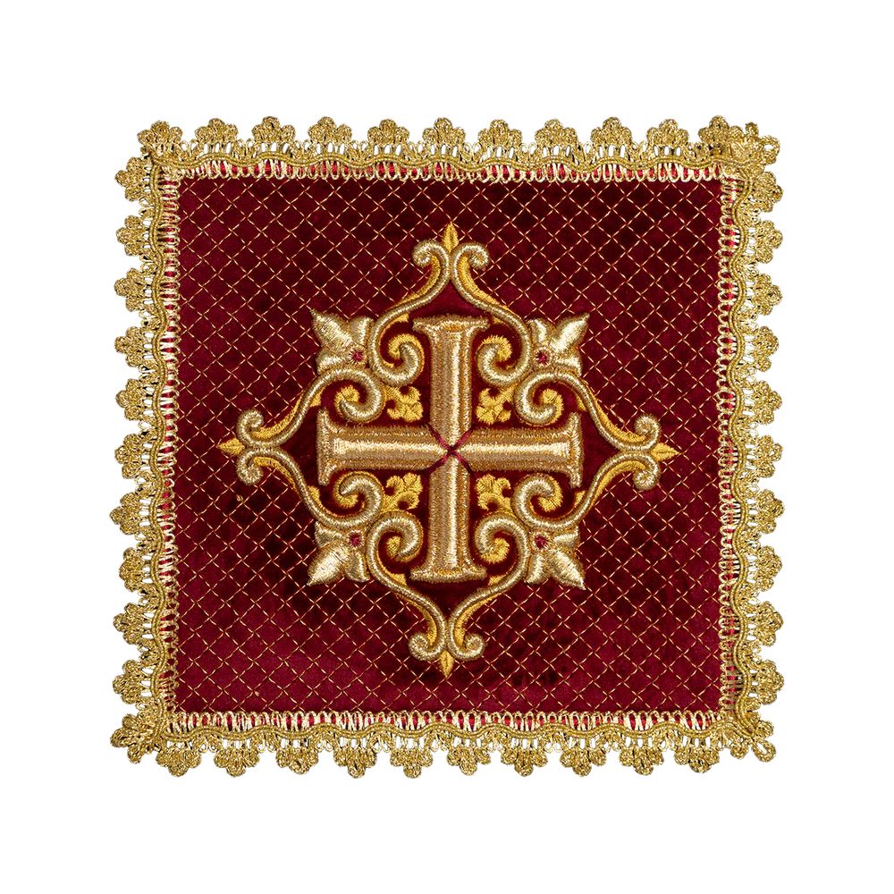 Bielizna kielichowa czerwona (aksamit + len), haftowany złoty krzyż (83H) - zdjęcie 2 - Bielizna kielichowa czerwona (aksamit + len), haftowany złoty krzyż (83H)