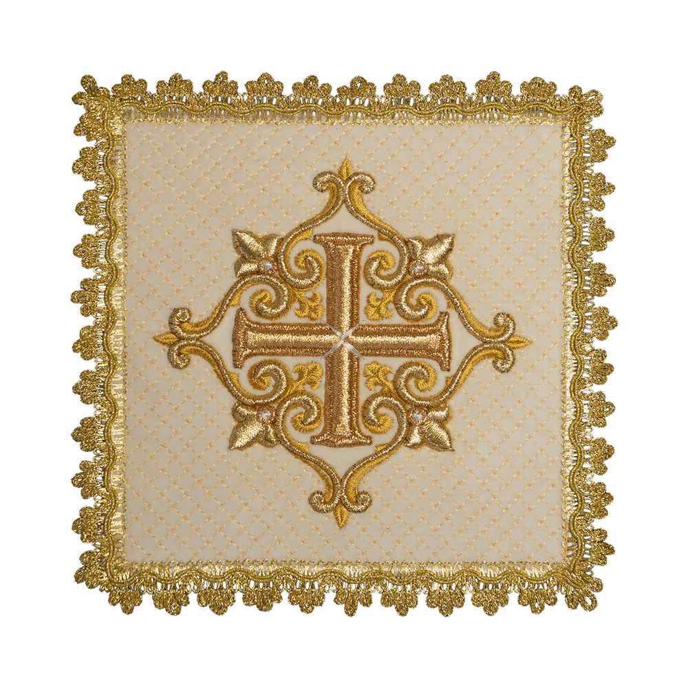 Bielizna kielichowa ecru (aksamit + len), haftowany złoty krzyż (84H) - zdjęcie 2 - Bielizna kielichowa ecru (aksamit + len), haftowany złoty krzyż (84H)