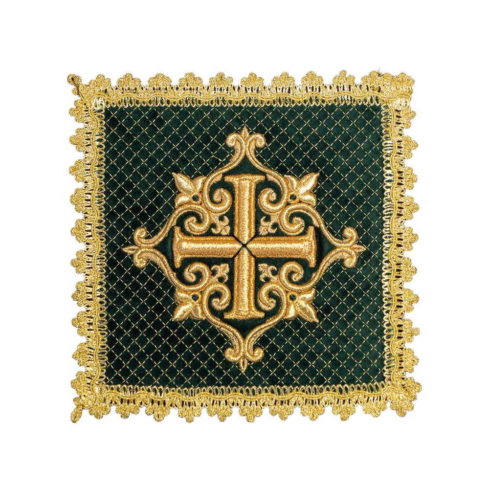 Bielizna kielichowa zielona (aksamit + len), haftowany złoty krzyż (85H) - zdjęcie 2 - Bielizna kielichowa zielona (aksamit + len), haftowany złoty krzyż (85H)