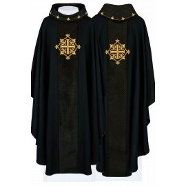 Ornat haftowany czarny, aksamit, symbol krzyża (H212) - ornaty czarne