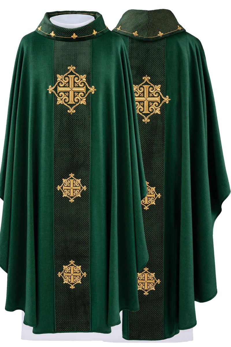 Ornat haftowany zielony, pas aksamit, symbol krzyży (H213)