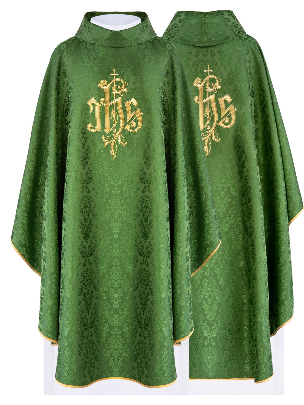 Ornat haftowany zielony, motyw IHS, tkanina ozdobna (H218)