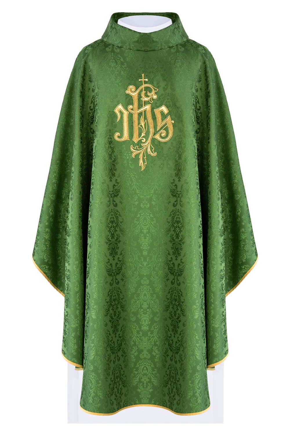 Ornat haftowany zielony, motyw IHS, tkanina ozdobna (H218) - zdjęcie 3 - Ornat haftowany zielony, motyw IHS, tkanina ozdobna (H218)