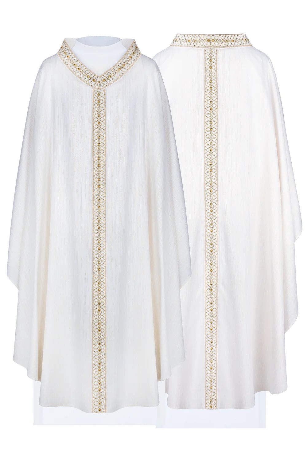 Ornat biały, z haftowanym kołnierzem i pasem (H221)