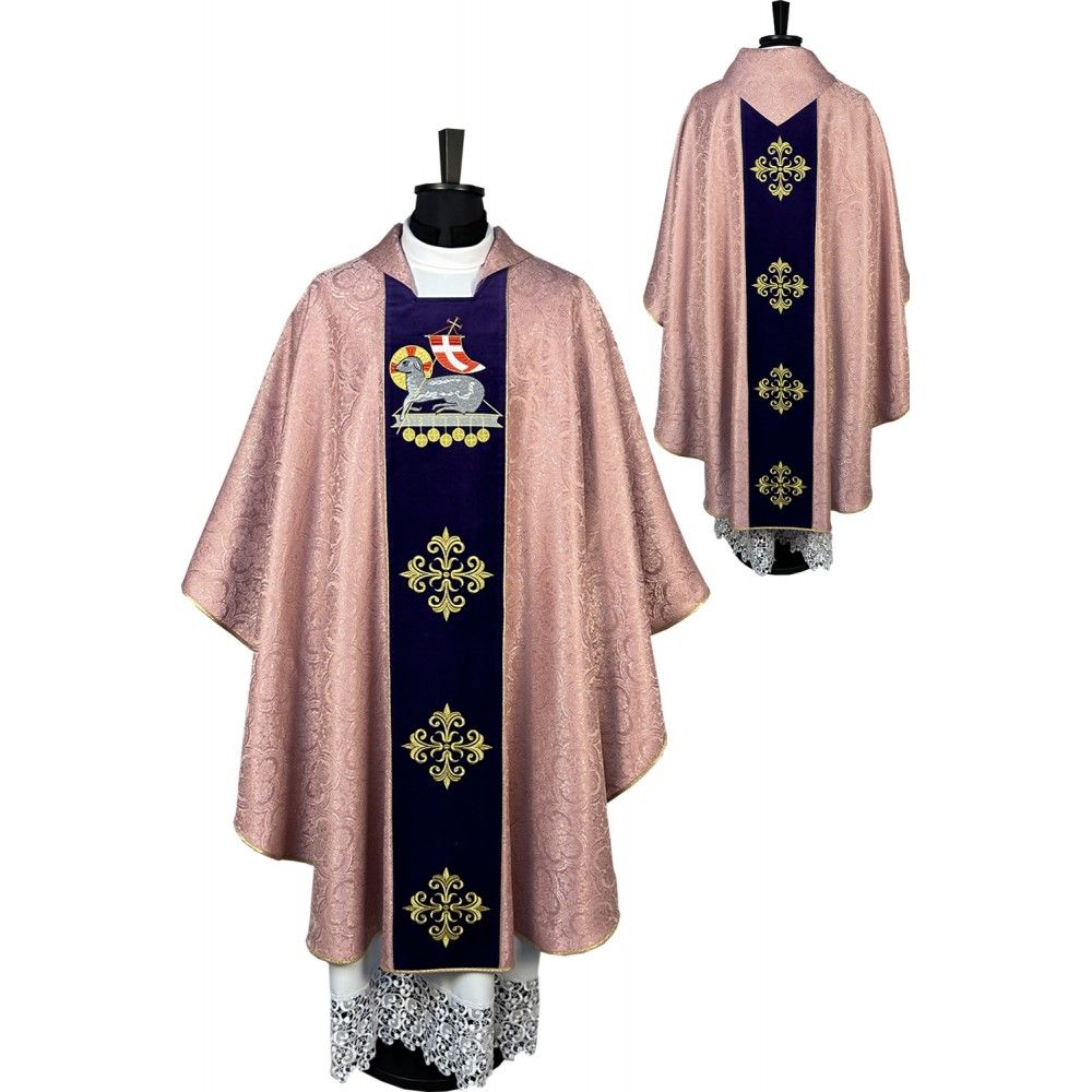Ornat gotycki różowy + stuła, tkanina żakard (8K)