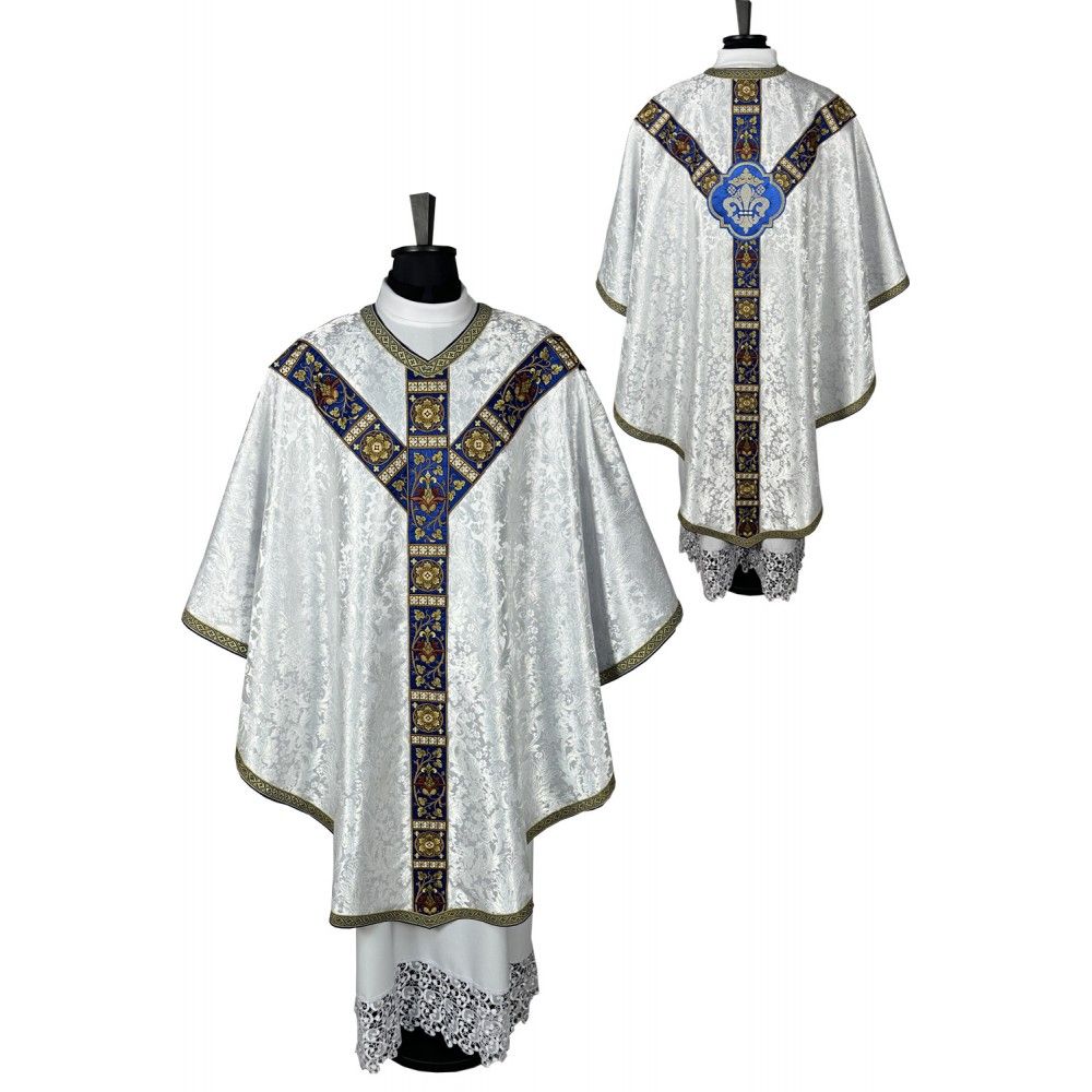 Ornat semi gotycki + stuła, bursa, manipularz, welon na kielich - tkanina żakard (16K)