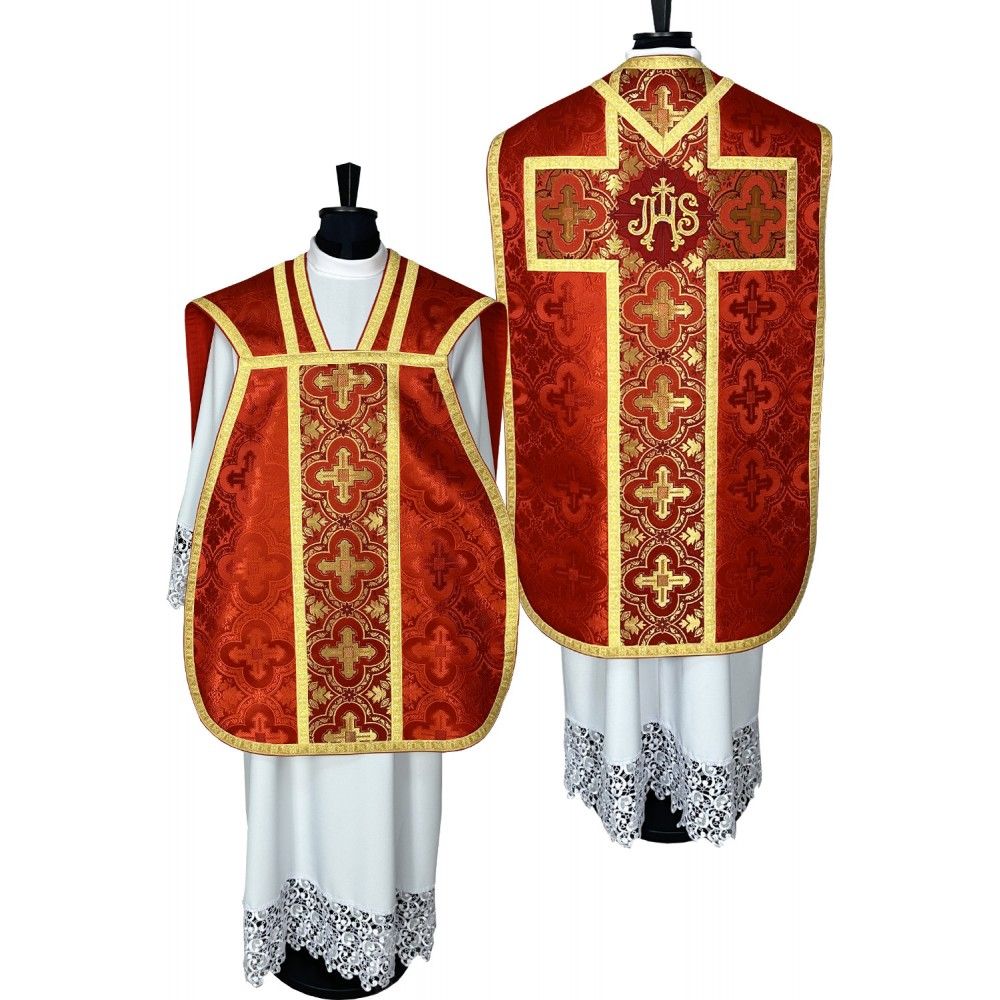 Ornat rzymski czerwony + Stuła, Manipularz, Bursa i Welon na kielich (32K)