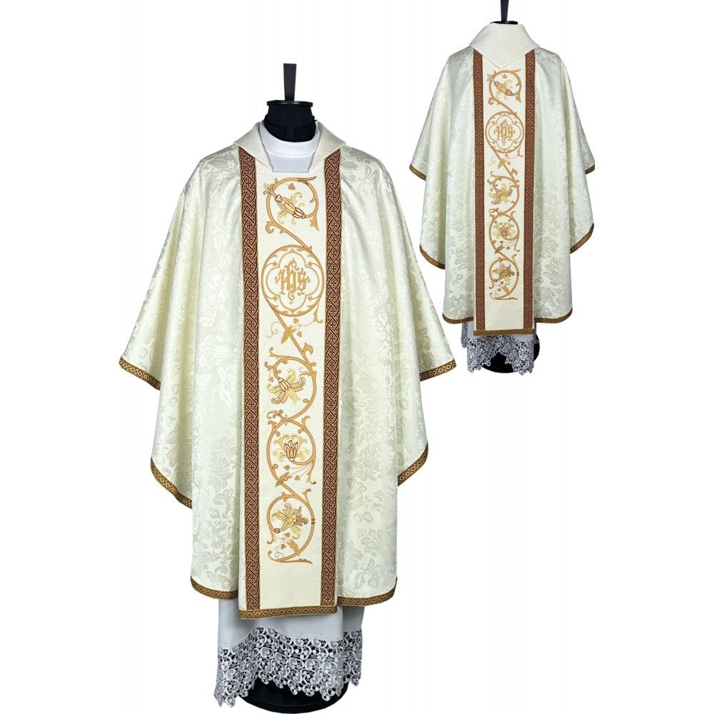 Ornat gotycki, haftowany IHS, tkanina żakard (10K)