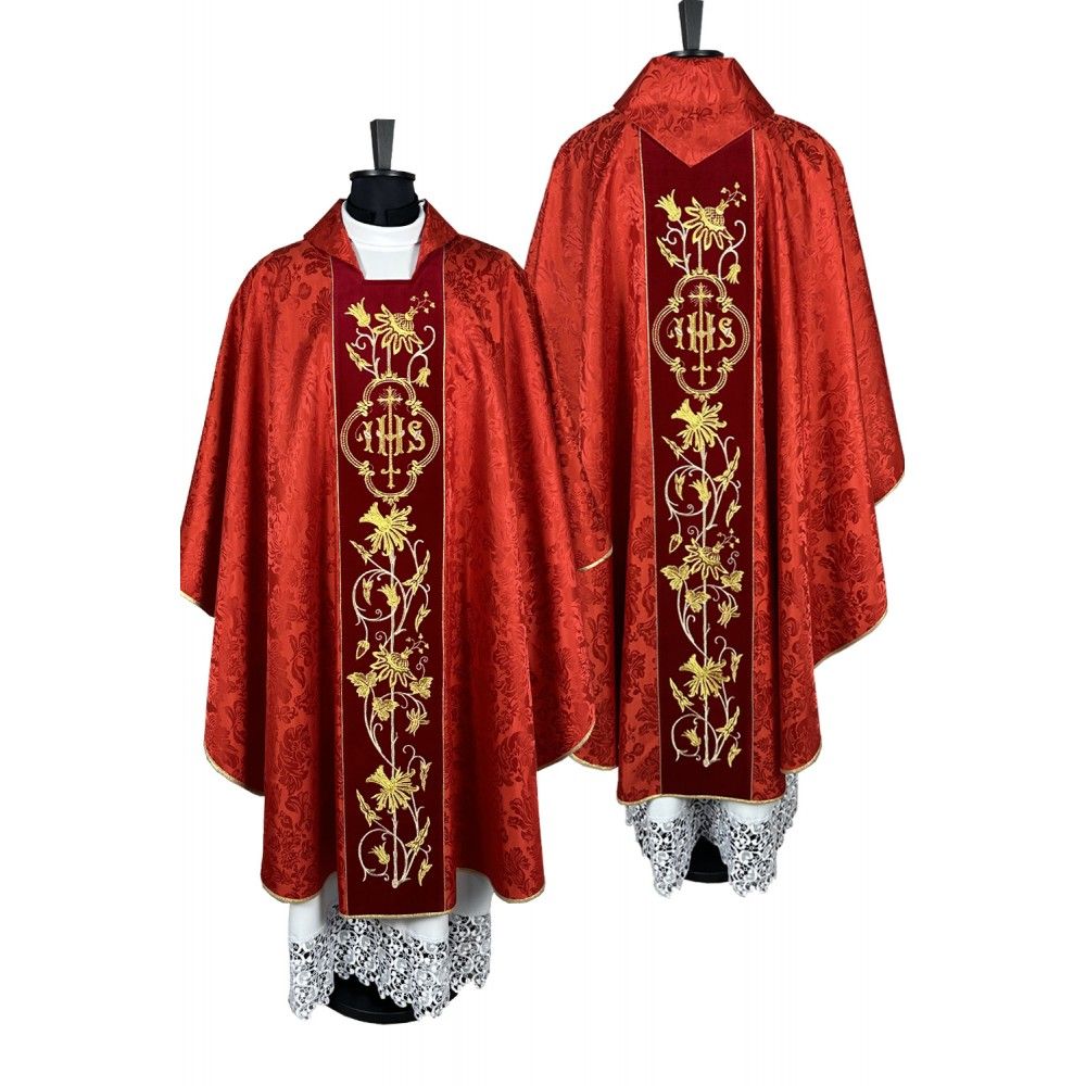 Ornat gotycki czerwony, haftowany IHS (33K) - zdjęcie 4 - Ornat gotycki czerwony, haftowany IHS (33K)