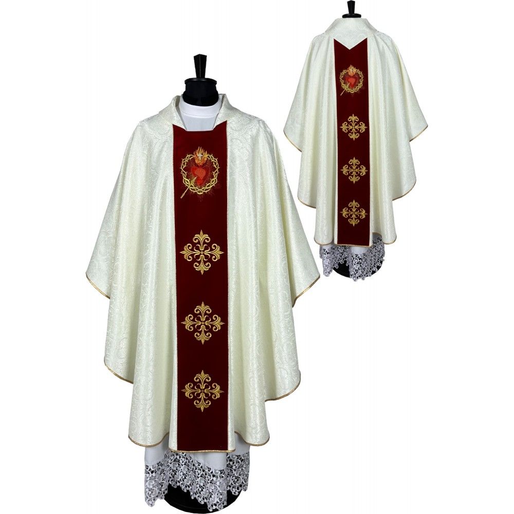 Ornat gotycki biały, haftowany, pas aksamit - Serce w Koronie (83K)