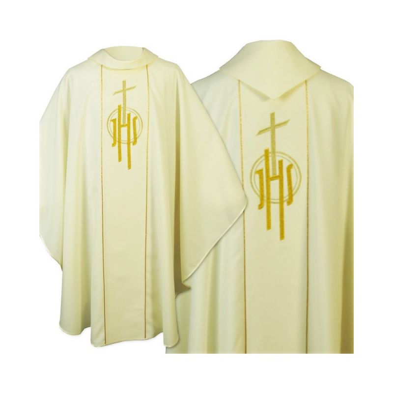 Ornat gotycki ecru, haftowany IHS (124K) - Ornat gotycki ecru, haftowany IHS (124K)