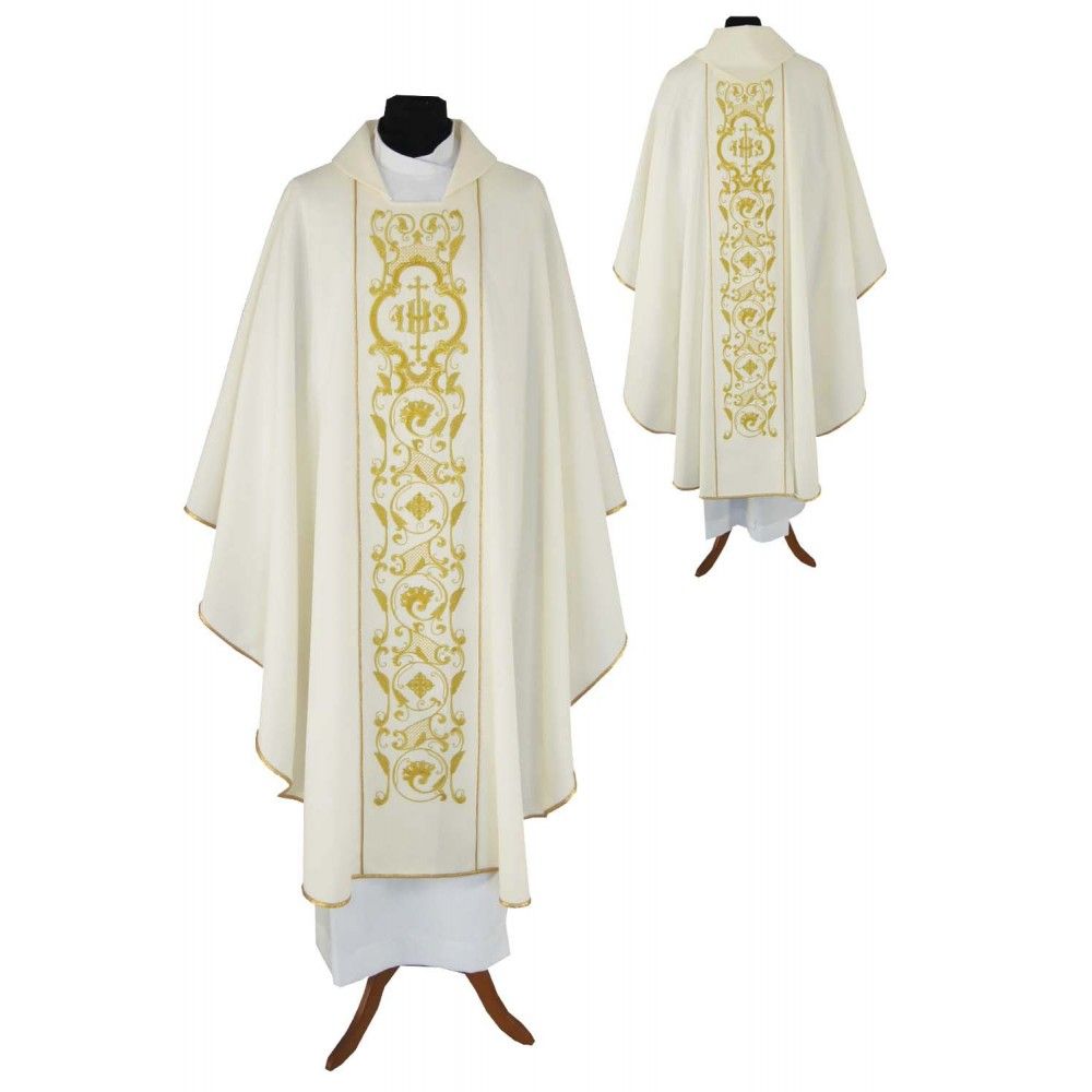 Ornat gotycki ecru, motyw IHS, tkanina gładka (189K)