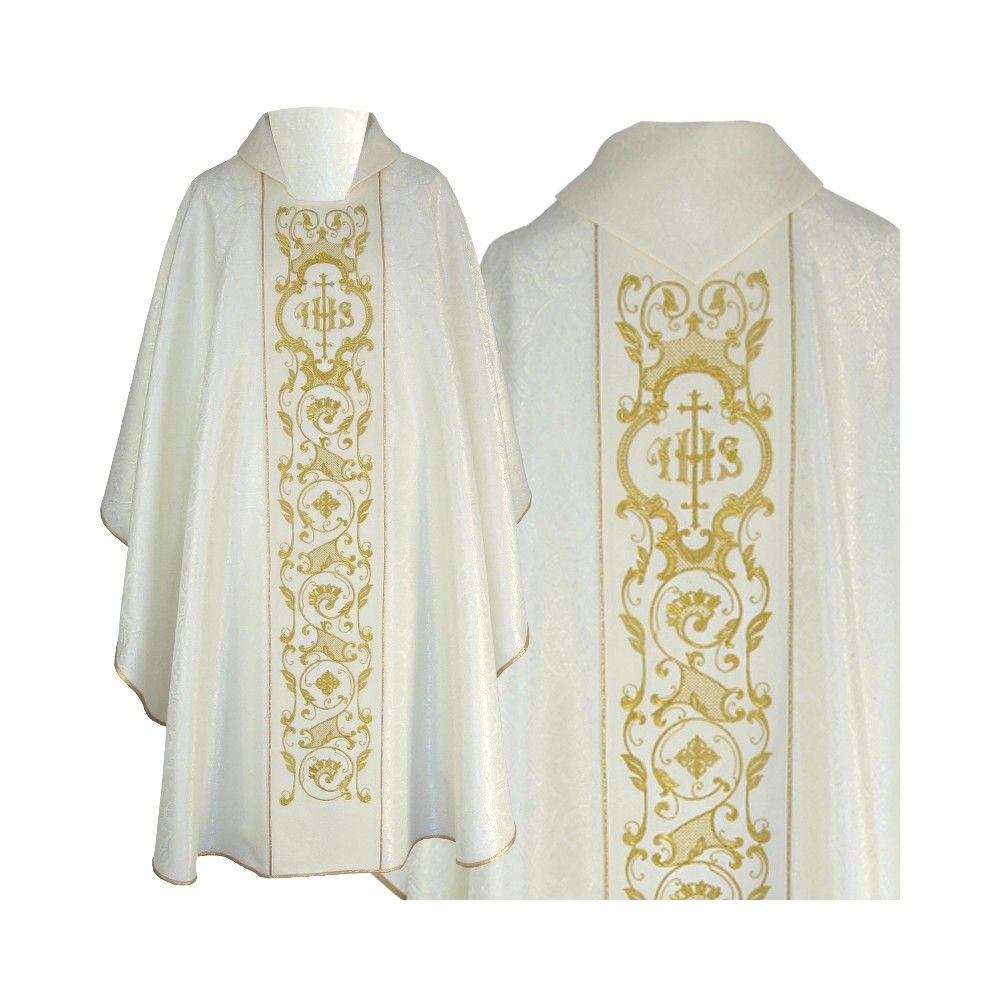 Ornat gotycki ecru, tkanina żakardowa, pas haftowany (203K)