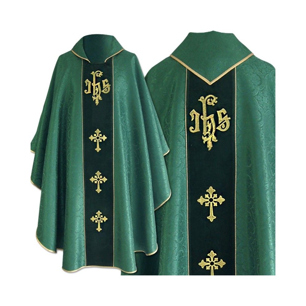 Ornat gotycki zielony, tkanina żakardowa, aksamitny pas haftowany (216K)