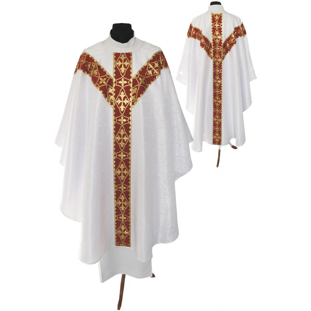 Ornat semi gotycki + stuła, kolor biały, pasy tkane (38K)