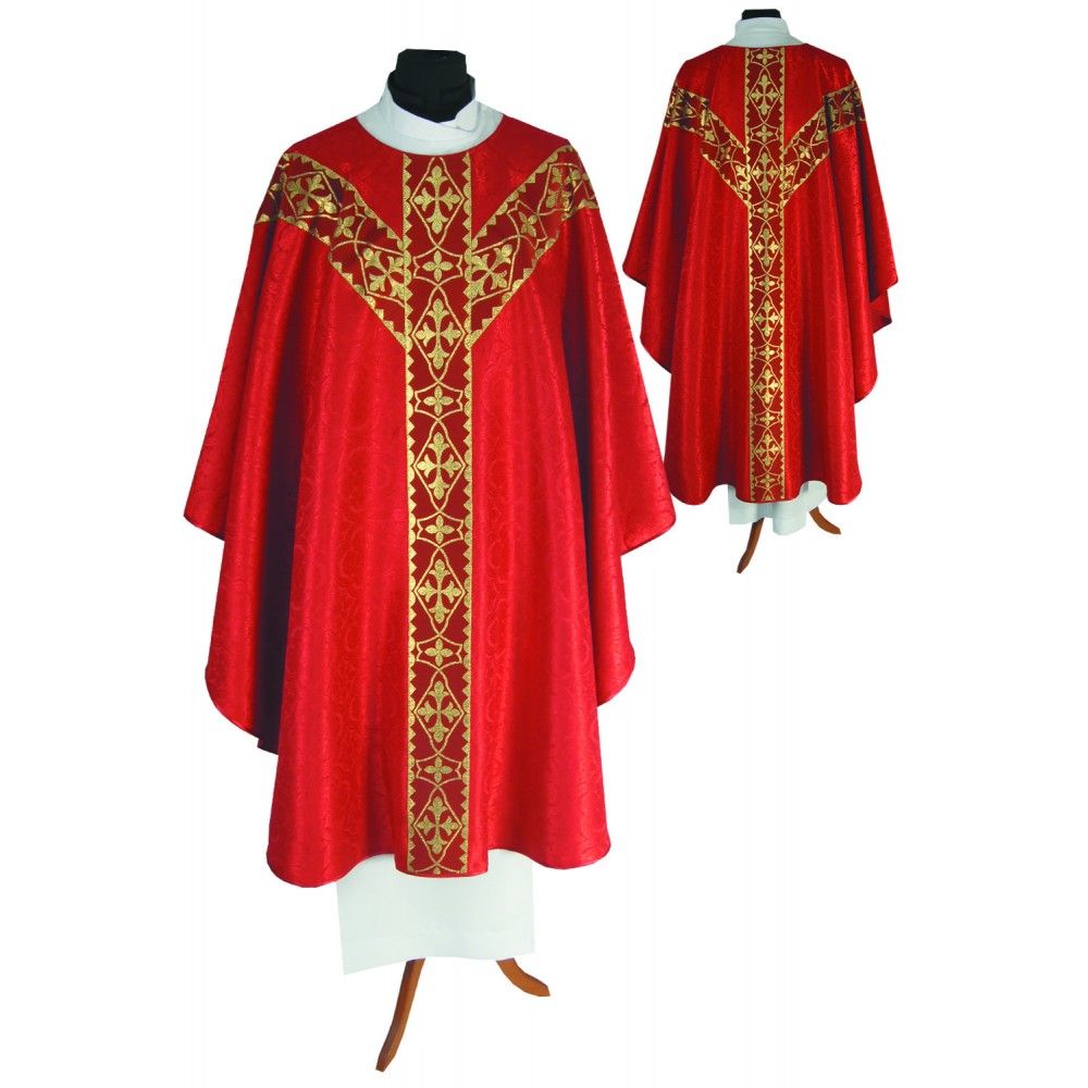 Ornat semi gotycki + stuła, kolor czerwony, pasy tkane (39K)