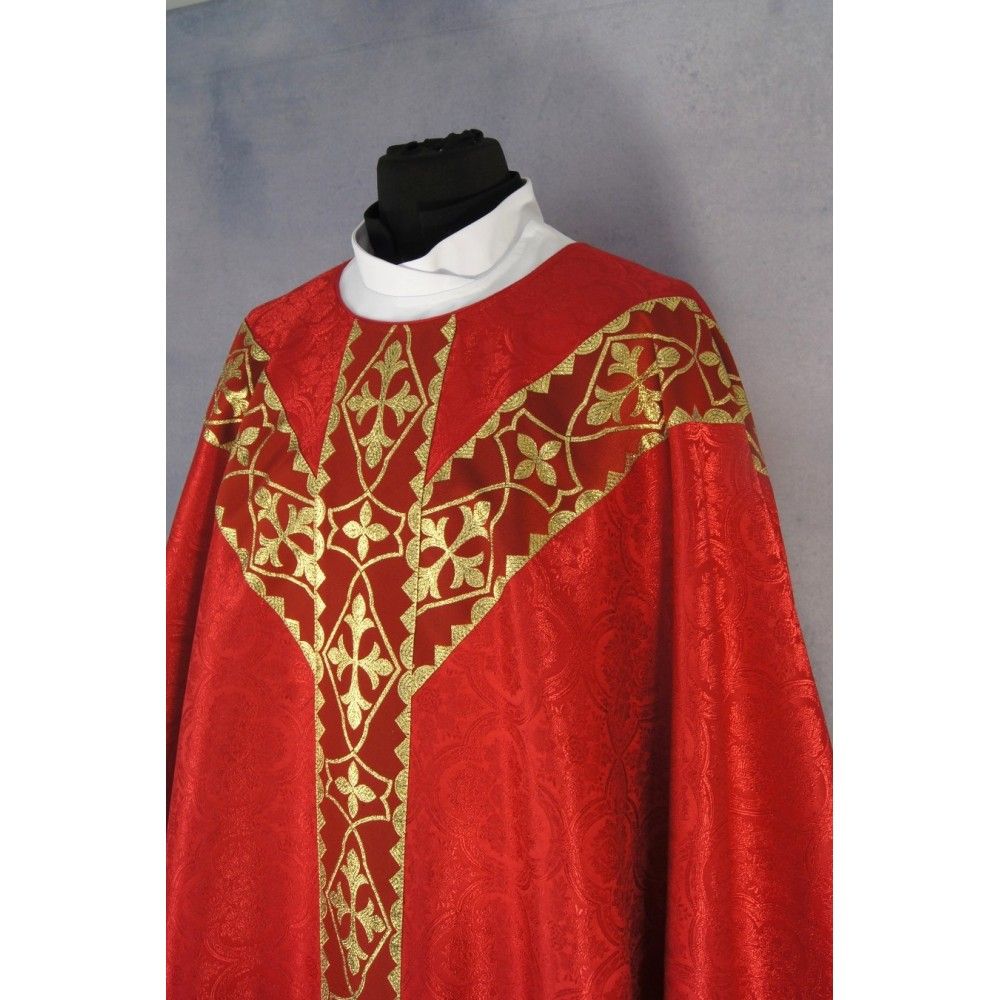 Ornat semi gotycki + stuła, kolor czerwony, pasy tkane (39K) - zdjęcie 2 - Ornat semi gotycki + stuła, kolor czerwony, pasy tkane (39K)