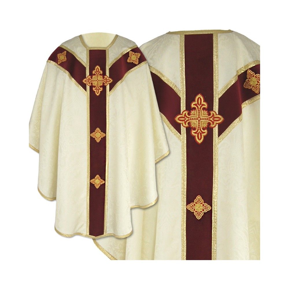 Ornat semi gotycki + stuła, kolor ecru, aksamitny pas (41K)