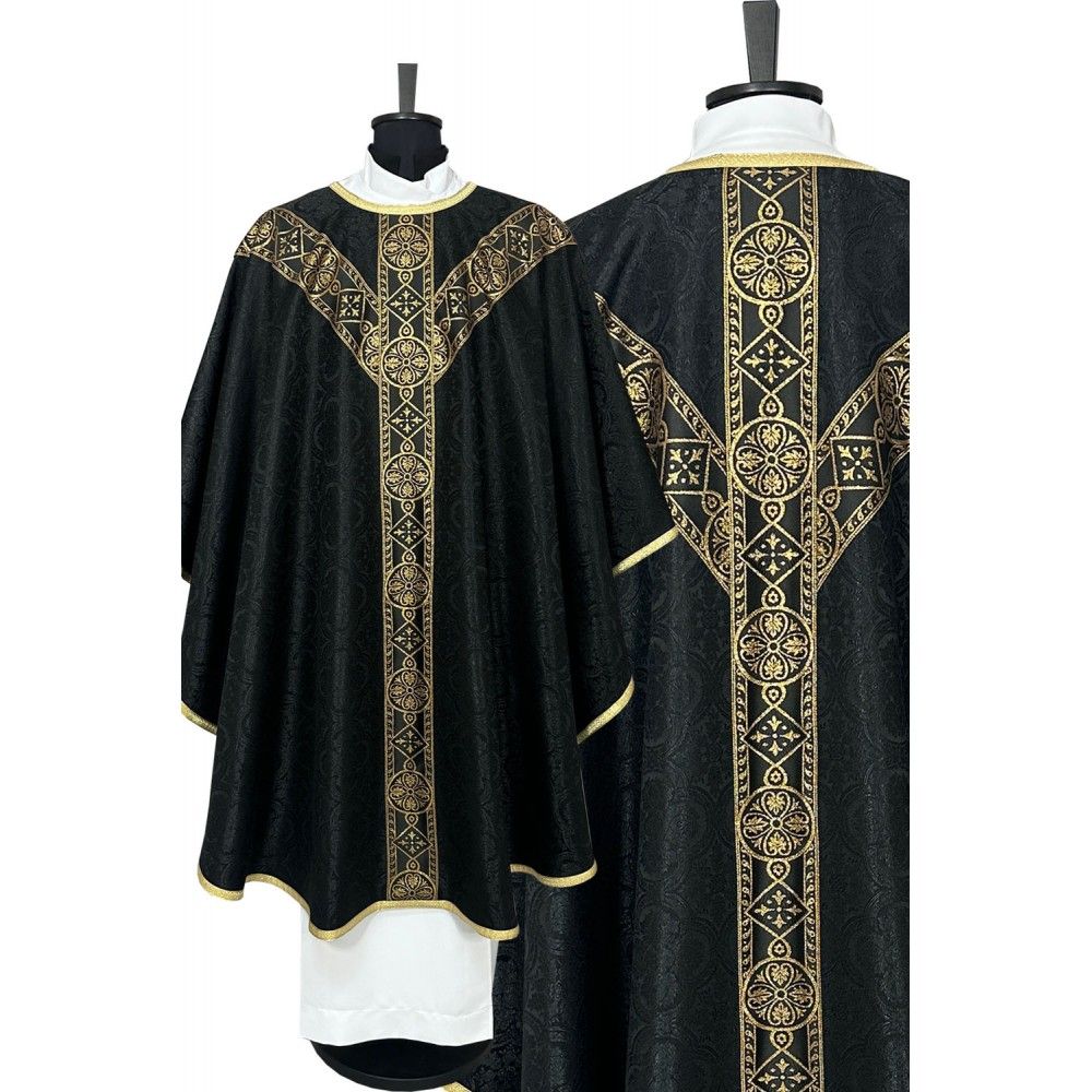 Ornat semi gotycki + stuła, kolor czarny, tkane pas (42K)