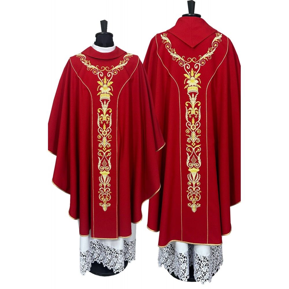 Ornat semi gotycki + stuła, kolor czerwony, haftowane pasy (43K)