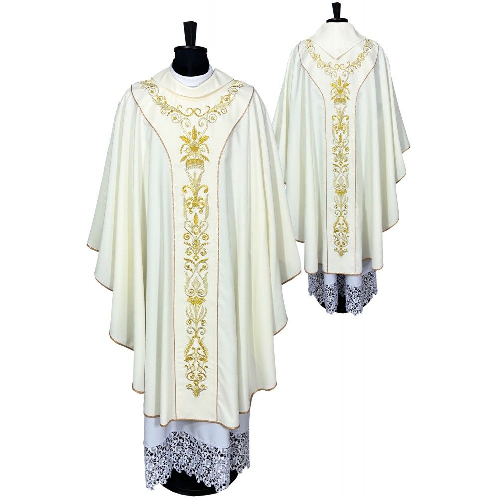 Ornat semi gotycki + stuła, kolor ecru, haftowane pasy (44K)