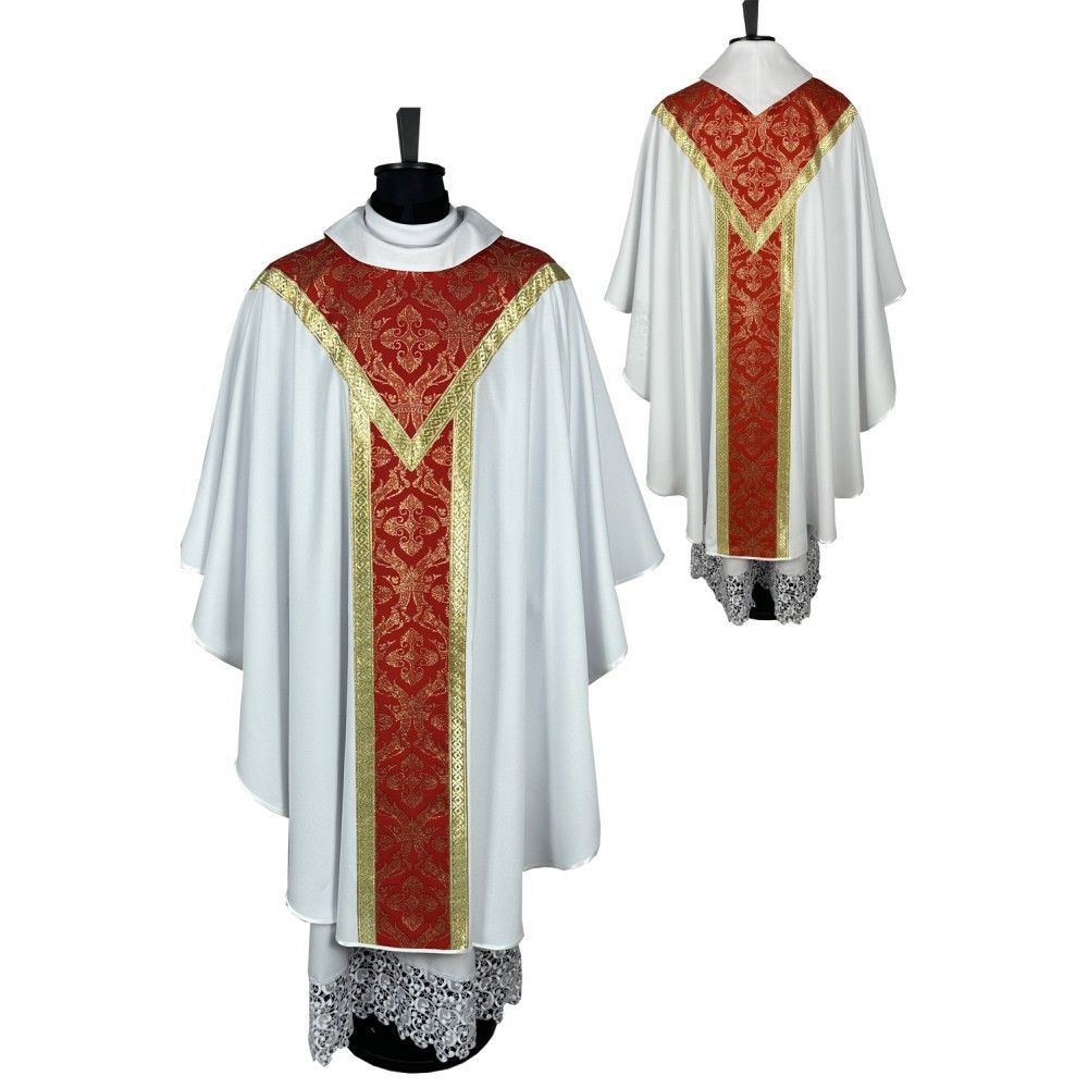 Ornat semi gotycki + stuła, kolor biały, tkane pasy (46K)