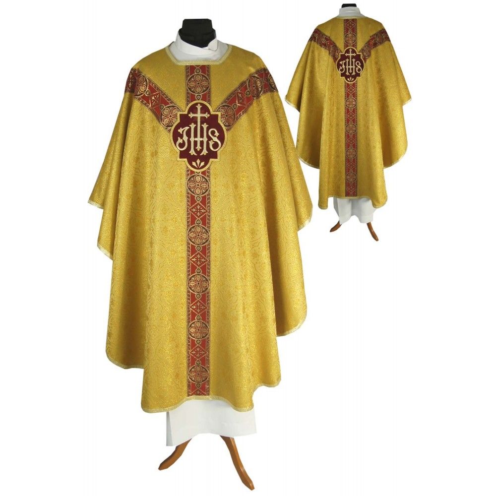 Ornat semi gotycki + stuła, kolor złoty, tkane pasy (47K)