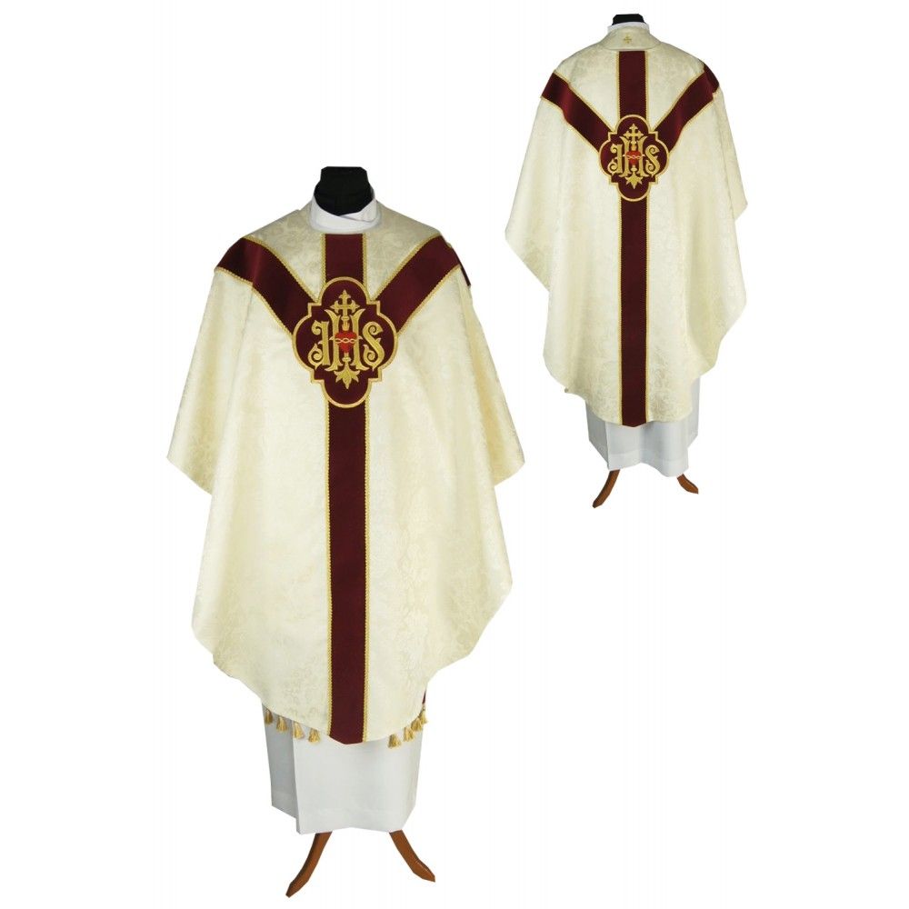 Ornat semi gotycki + stuła, kolor ecru, aksamitny pas (48K)