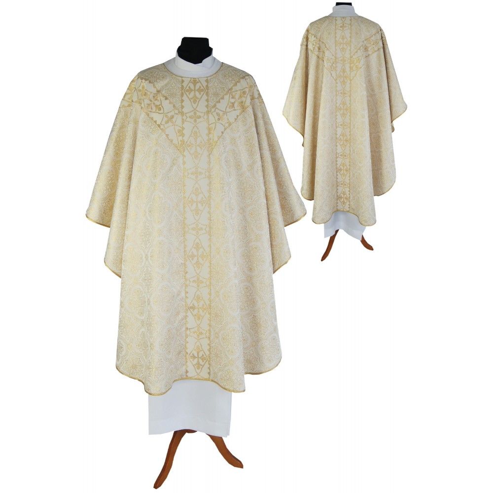 Ornat semi gotycki + stuła, kolor złote wzory, tkane pasy (50K)