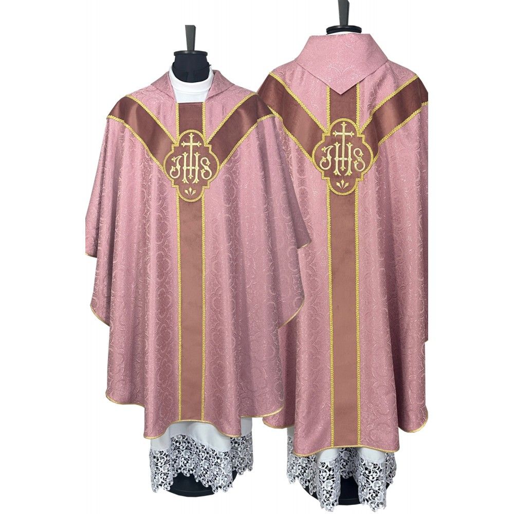 Ornat semi gotycki, blady różowy, pasy tkane, kołnierz (51K)