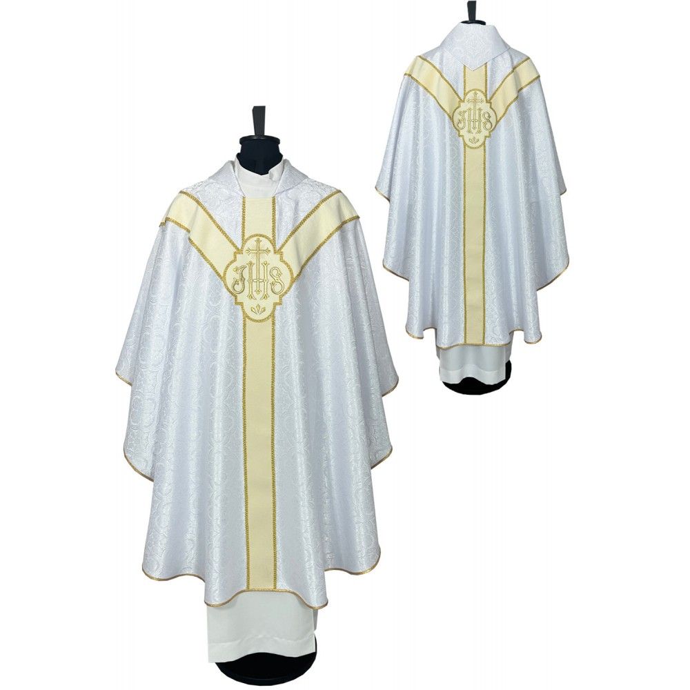 Ornat semi gotycki, biały, pasy tkane, kołnierz (52K)