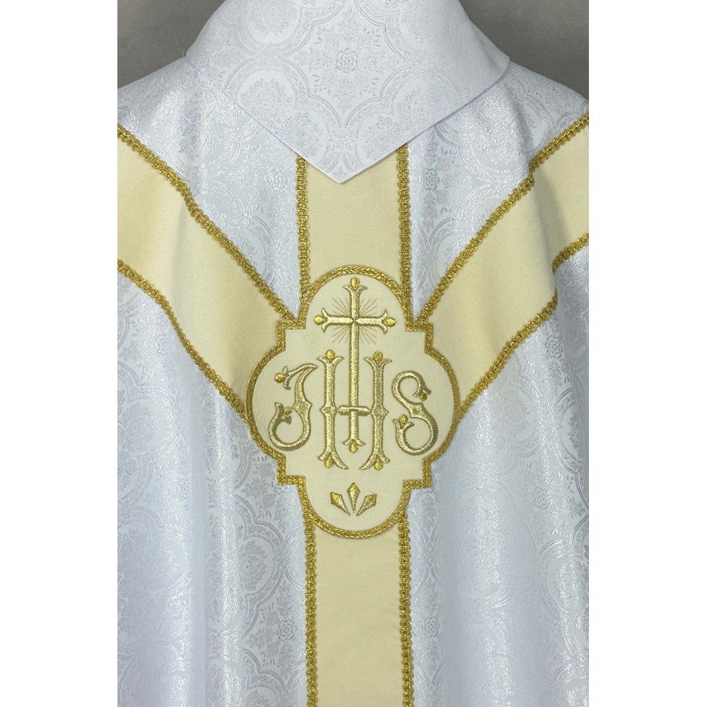Ornat semi gotycki, biały, pasy tkane, kołnierz (52K) - zdjęcie 2 - Ornat semi gotycki, biały, pasy tkane, kołnierz (52K)