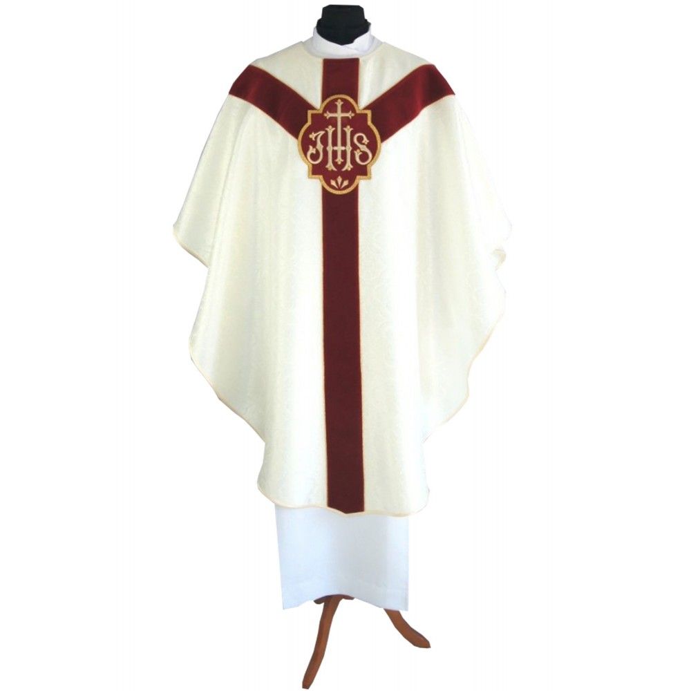 Ornat semi gotycki + stuła, kolor ecru, aksamitny pas (53K)