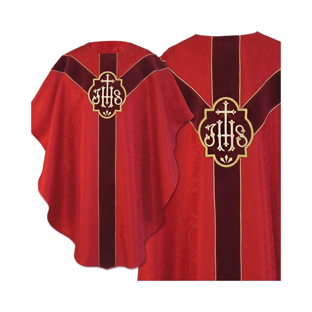 Ornat semi gotycki + stuła, kolor czerwony, aksamitny pas (54K)