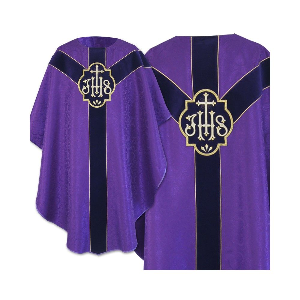Ornat semi gotycki + stuła, kolor fioletowy, aksamitny pas (55K)