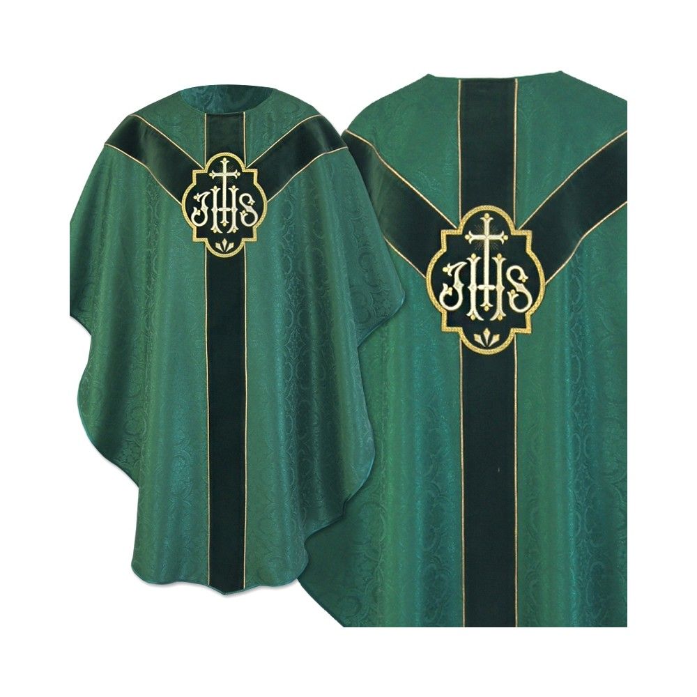 Ornat semi gotycki + stuła, kolor zielony, aksamitny pas (56K)