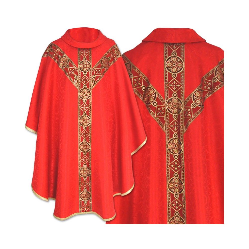 Ornat semi gotycki, czerwony, tkanina żakard, pasy tkane (58K)