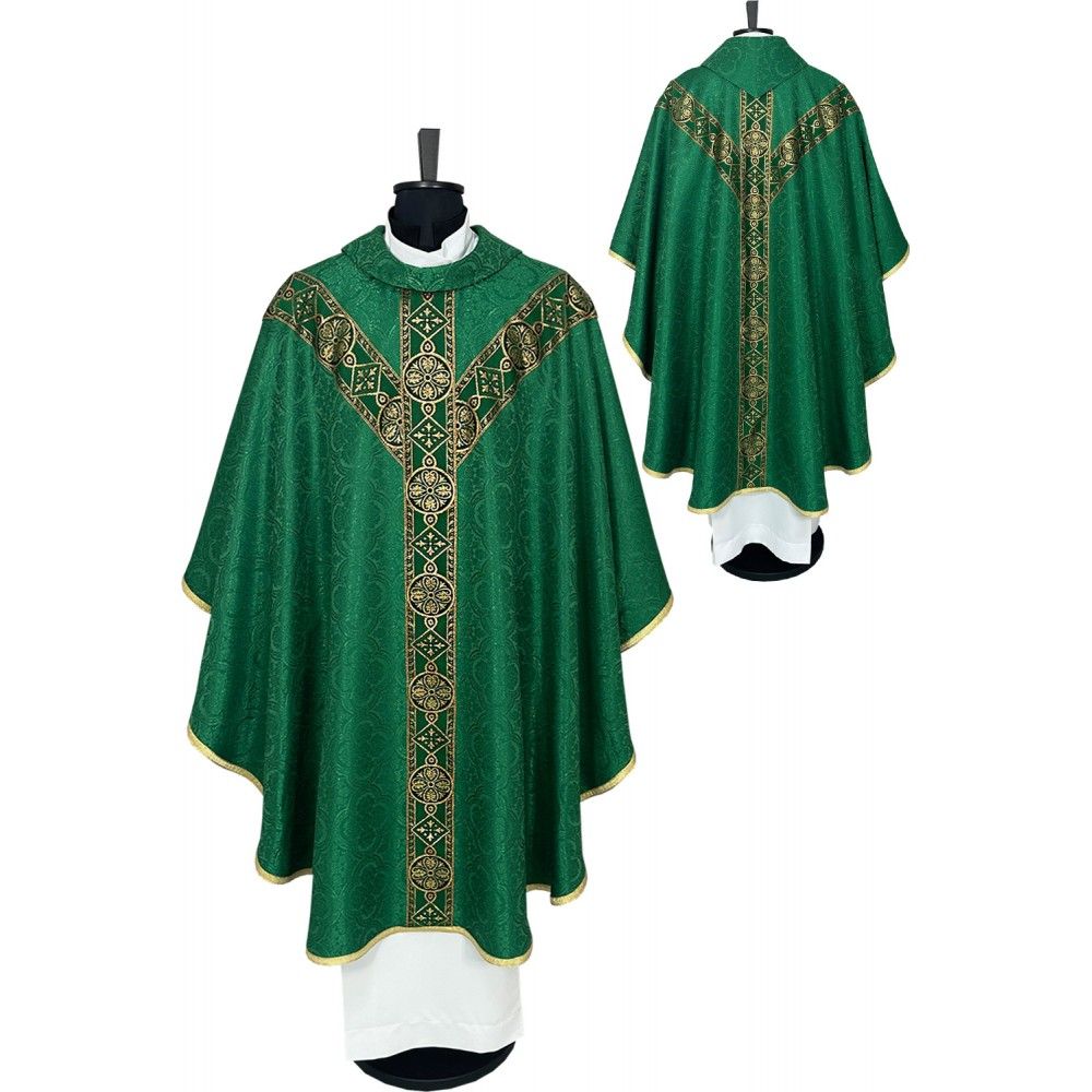 Ornat semi gotycki, zielony, tkanina żakard, pasy tkane (60K)