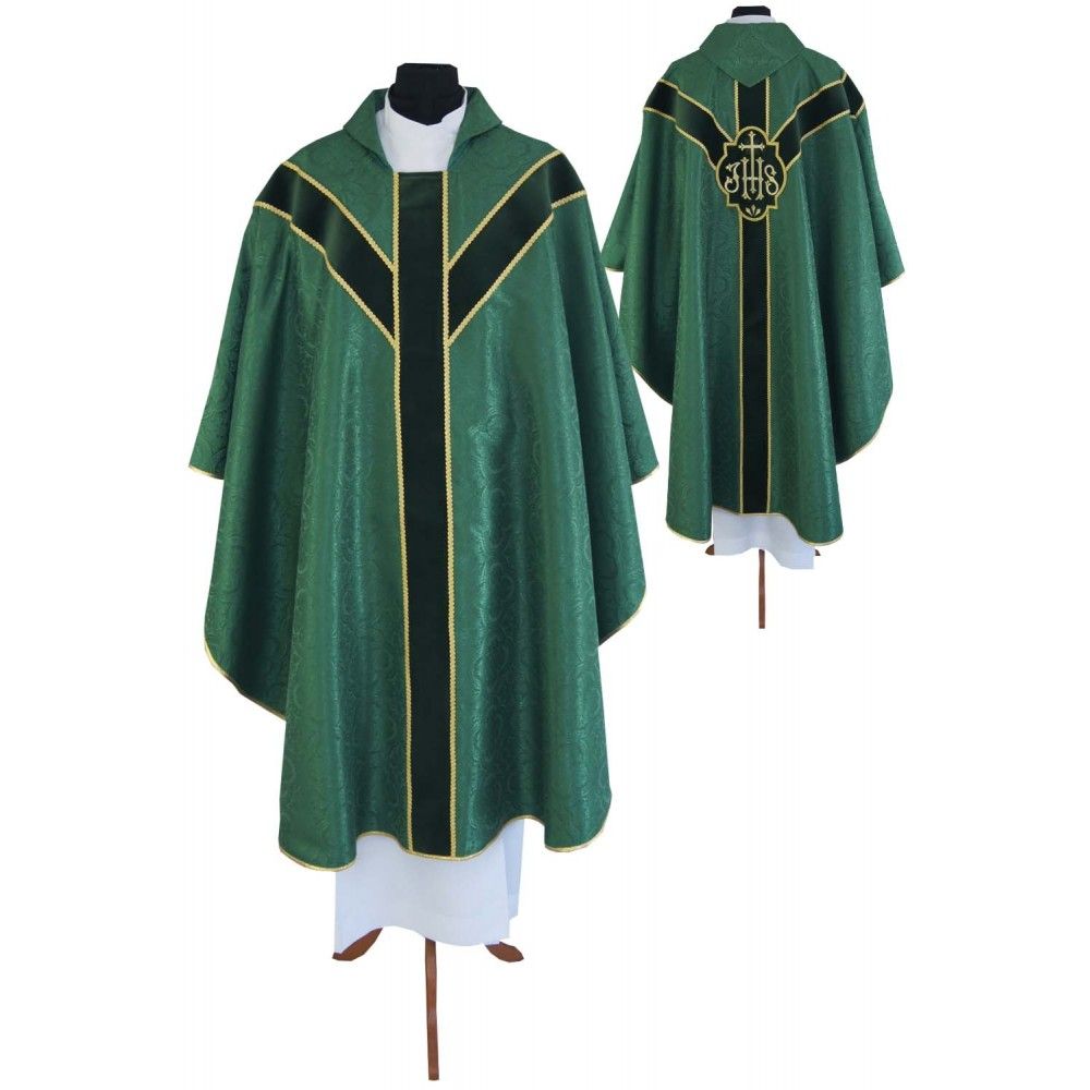 Ornat semi gotycki + stuła, kolor zielony, aksamitny pas (61K)
